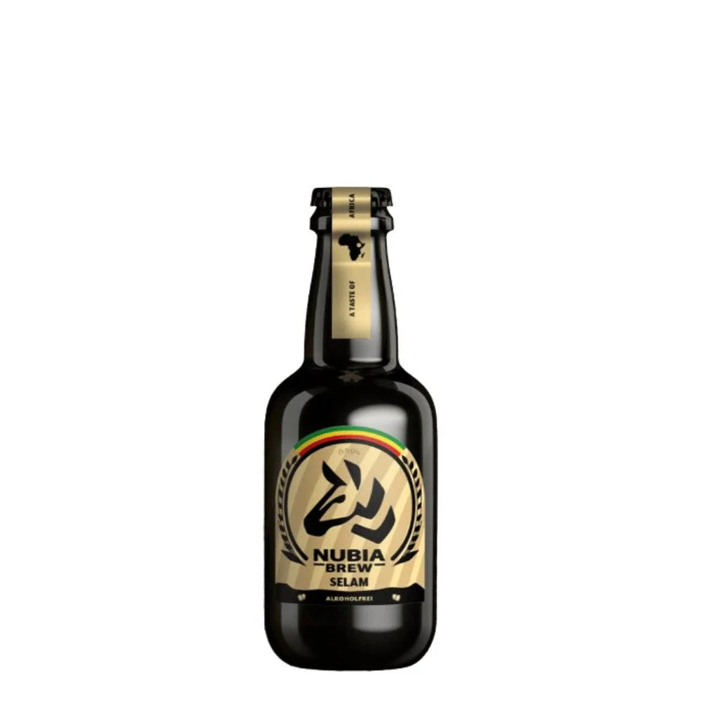 Nubia Brew Selam non-alcoholic beer showcasing a mild wheat malt flavor with Swiss spring water in a light amber tone