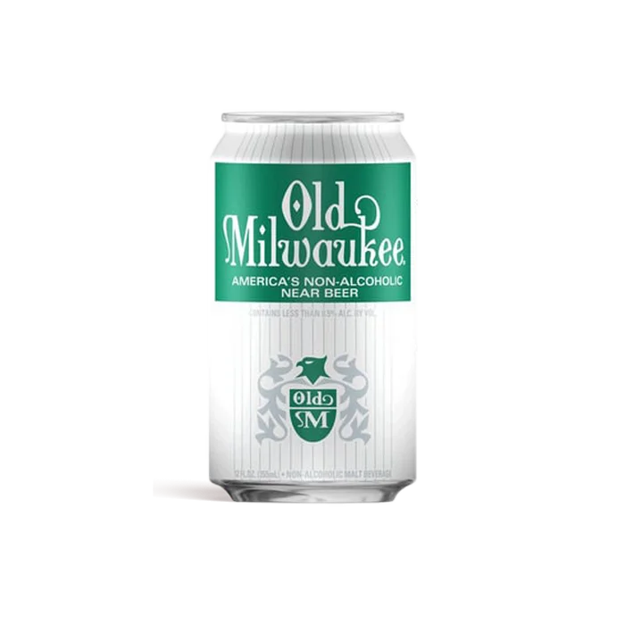 Old Milwaukee Non Alcoholic beer showcasing classic branding with alcohol-free lager qualities against a plain background