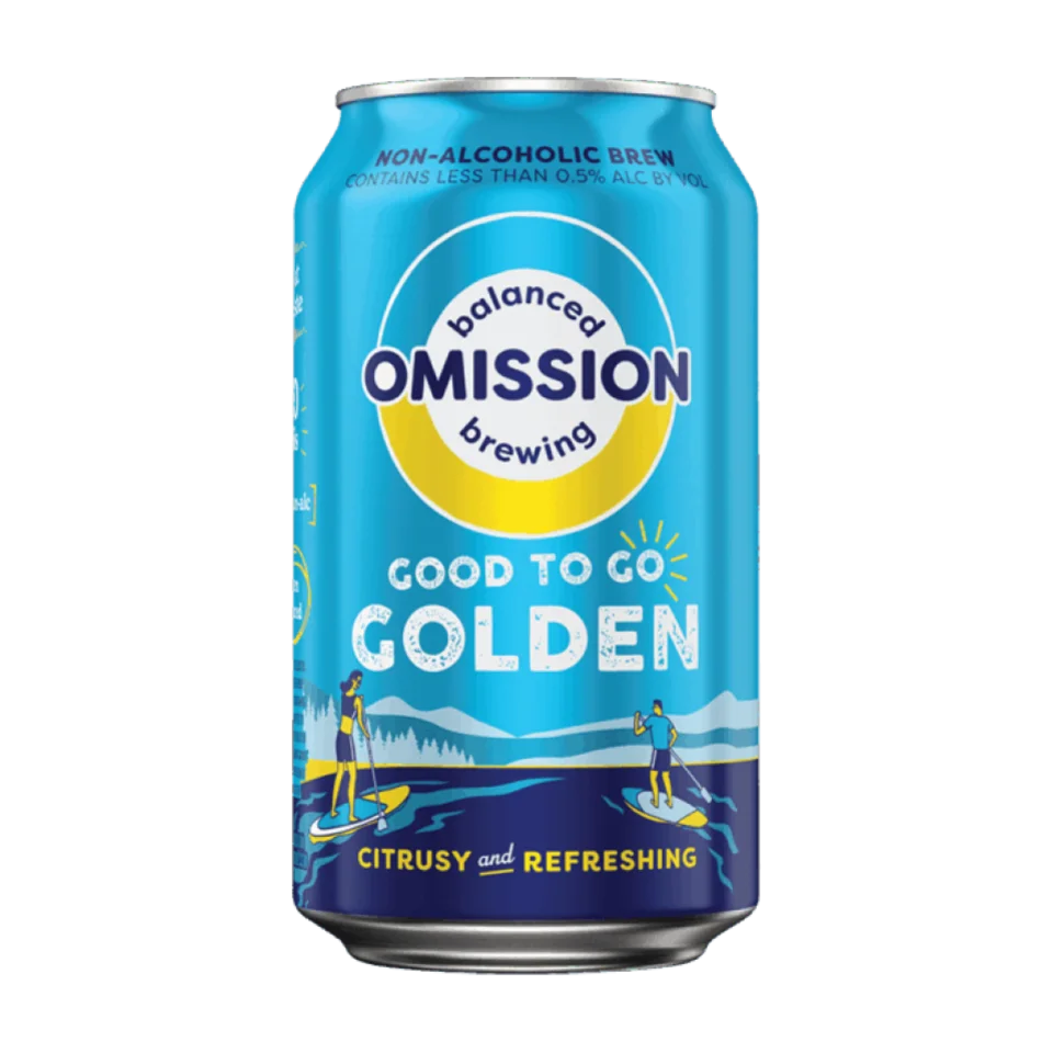 Image showing Omission Good to Go Golden non-alcoholic beer featuring a bright, citrusy, gluten-reduced lager with less than 0.5% alcohol