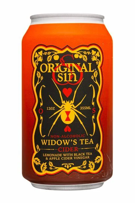 Original Sin Widow's Tea non-alcoholic cider featuring black tea, lemon juice, apple cider vinegar, and natural monk fruit sweetener in a carbonated drink