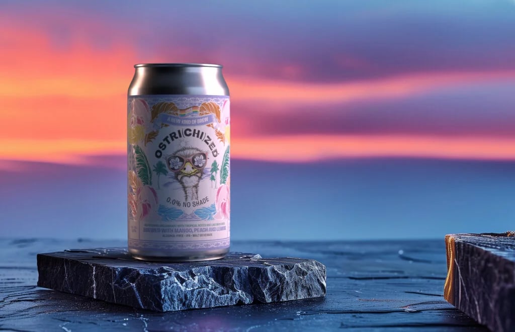 Ostrichized 0.0 No Shade non-alcoholic beer featuring tropical mango, peach, and lemon flavors with a refreshing and vibrant profile