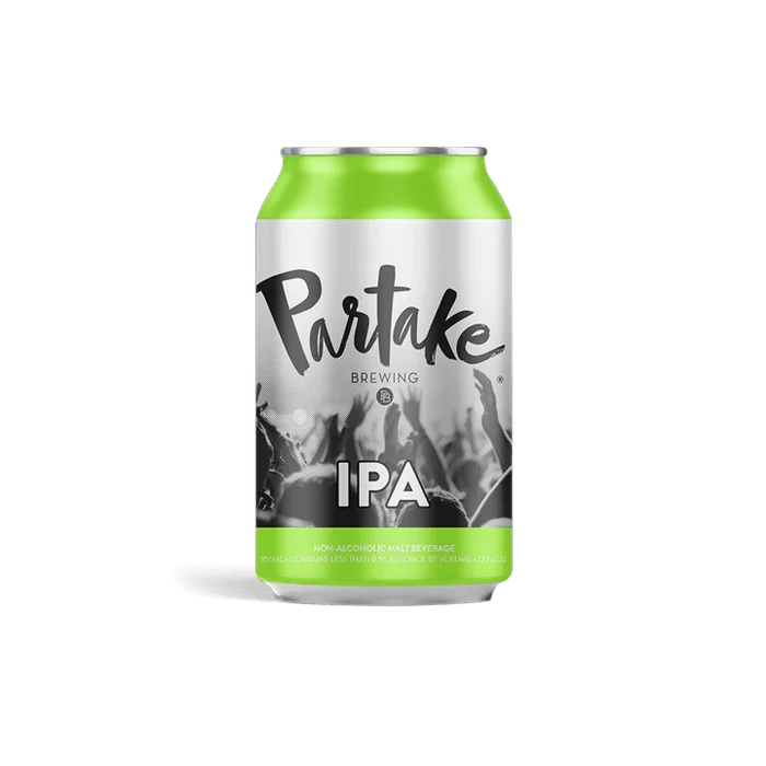 Non-alcoholic beer Partake Brewing IPA featuring bold cascade, amarillo, and citrus hop flavors with a light and bubbly golden appearance
