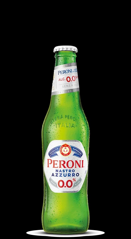 Peroni Nastro Azzurro 0.0 alcohol-free beer with a crisp, dry taste and subtle lemon and herbal notes, perfect for sophisticated refreshment