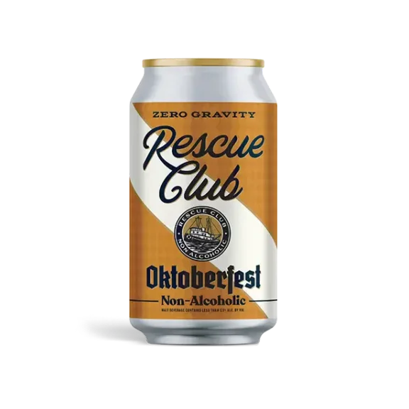 Rescue Club Oktoberfest non-alcoholic beer featuring traditional Märzen lager profile with malty richness and subtle hop bitterness