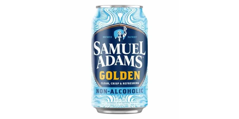 Samuel Adams Golden Lager non-alcoholic beer with straw color and slight haze, offering a crisp and refreshing drinking experience