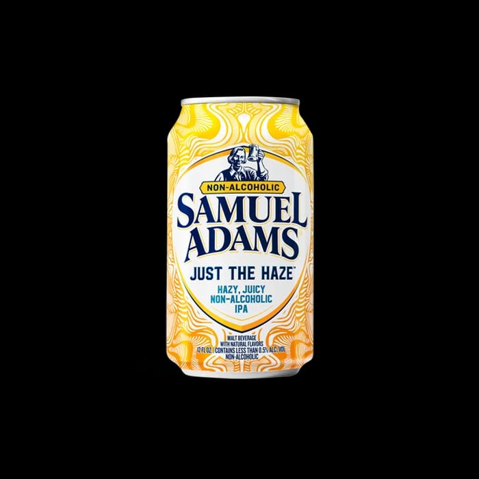 Samuel Adams Just The Haze IPA non-alcoholic beer featuring juicy citrus and tropical fruit flavors with smooth mouthfeel
