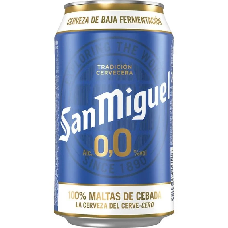 San Miguel 0.0 Cerveza, a premium non-alcoholic beer featuring a bright golden hue and natural ingredients, presented in a sleek design.