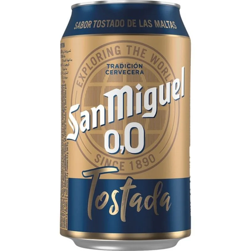 San Miguel 0.0 Tostada non-alcoholic beer with dark golden and glossy appearance ideal for a refreshing and balanced drinking experience
