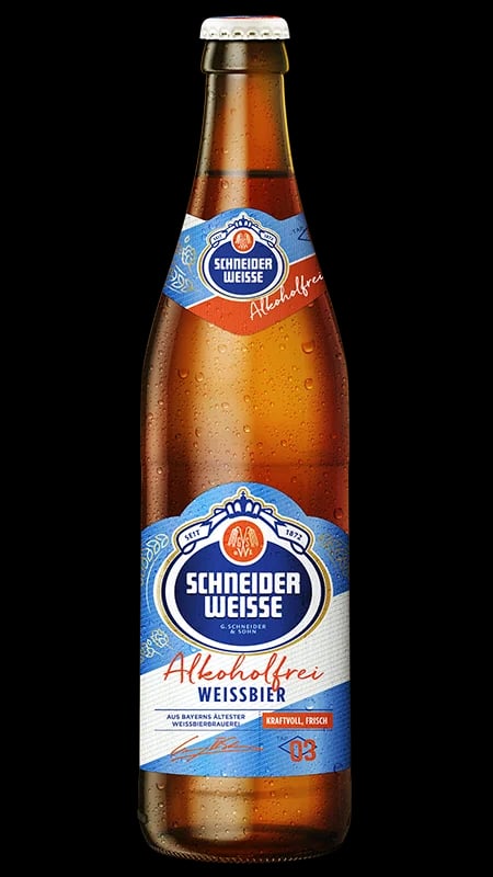 Schneider Weisse Alkoholfrei non-alcoholic wheat beer showcasing rich malt character and authentic Bavarian brewing heritage
