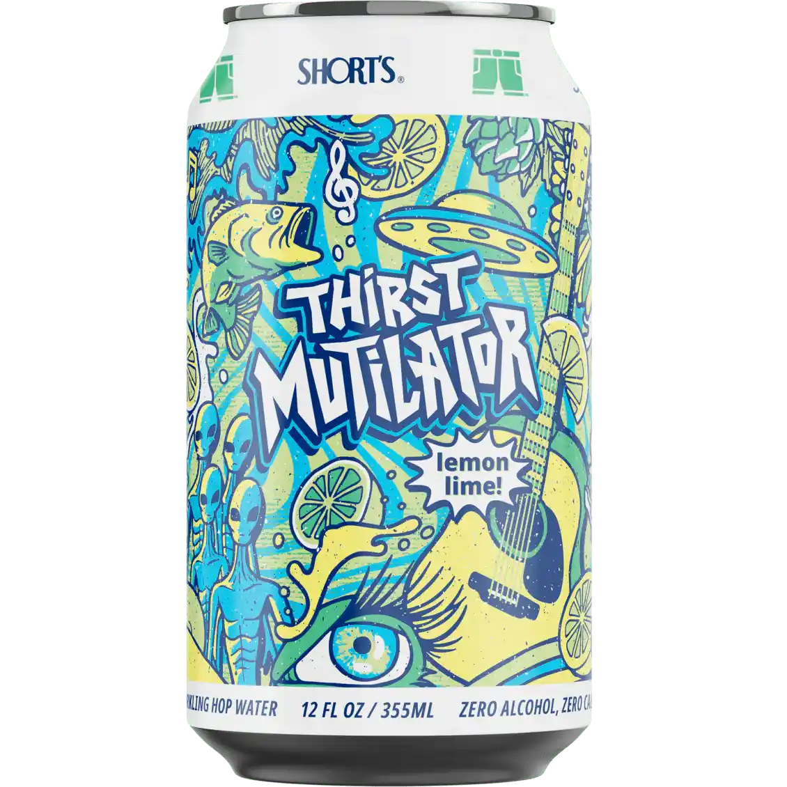 Thirst Mutilator Lemon Lime by Short's Brewing, a zero-alcohol sparkling hop water featuring refreshing lemon and lime flavors with subtle hops
