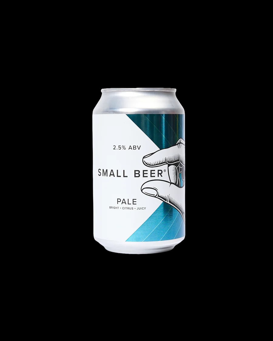 Small Beer Pale Ale non-alcoholic beer with citrusy, tropical fruit flavors and bright, refreshing taste against a plain background