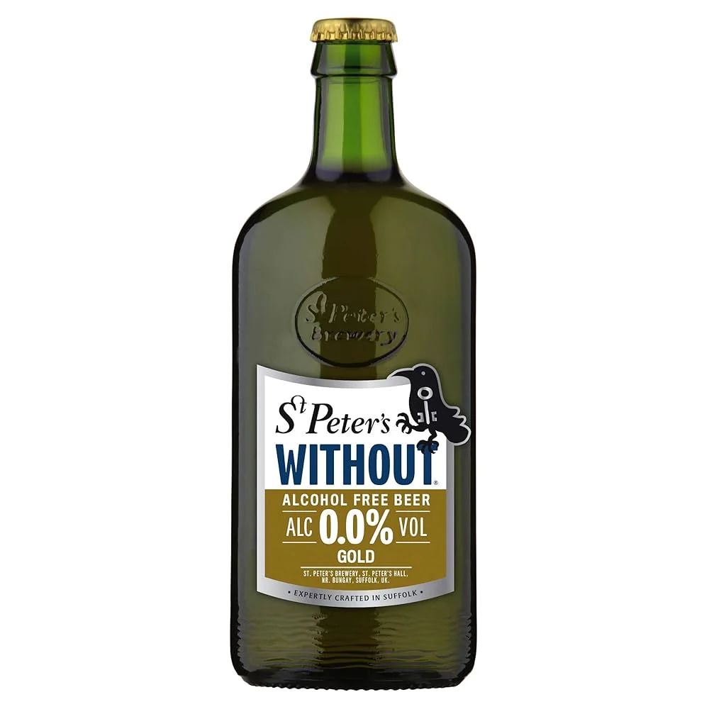 St Peter's Without Gold non-alcoholic beer featuring a golden ale with smooth malt sweetness and refreshing citrus bitterness against a plain background.
