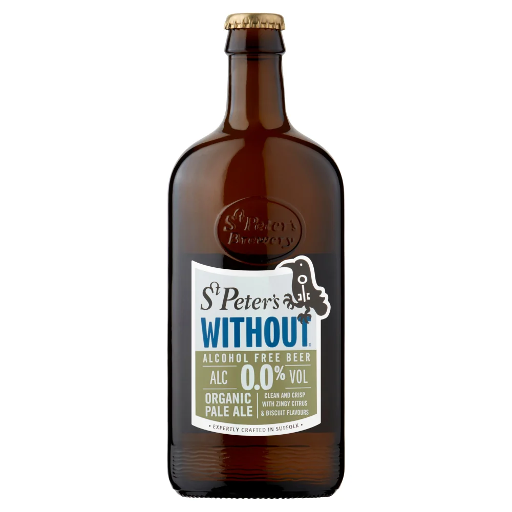 St. Peter's Without Organic alcohol-free beer showcasing a crisp pale straw color with zingy citrus and biscuit flavors, brewed from organic malted barley and hops