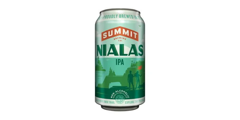 Summit Brewing Nialas Non-Alcoholic IPA showcasing golden color and hop-forward character with apricot, tangerine, and mixed berries aroma