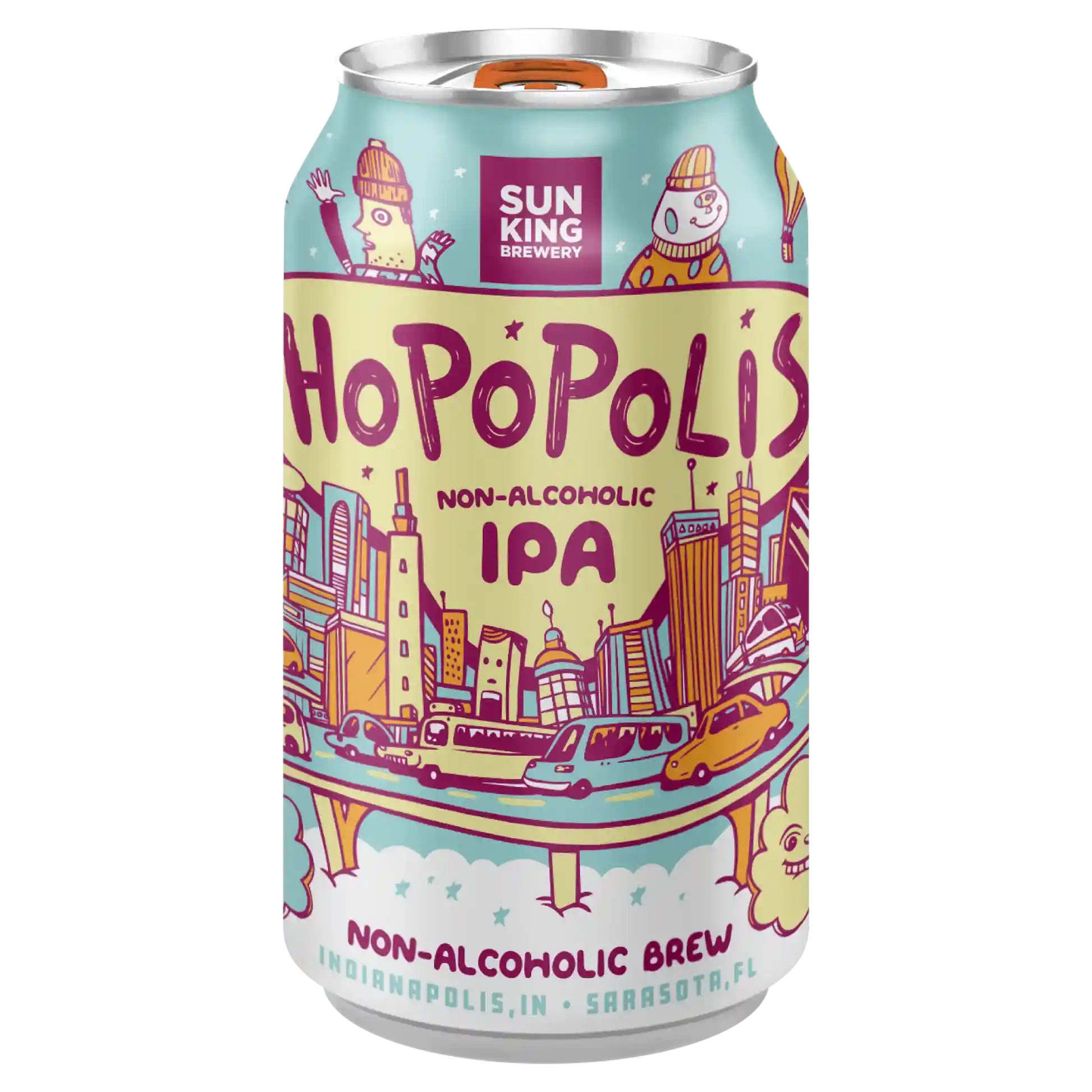 Sun King Hopopolis Non-Alcoholic IPA with bright citrus and grapefruit flavors displaying a balanced and slightly sweet alcohol-free beer profile