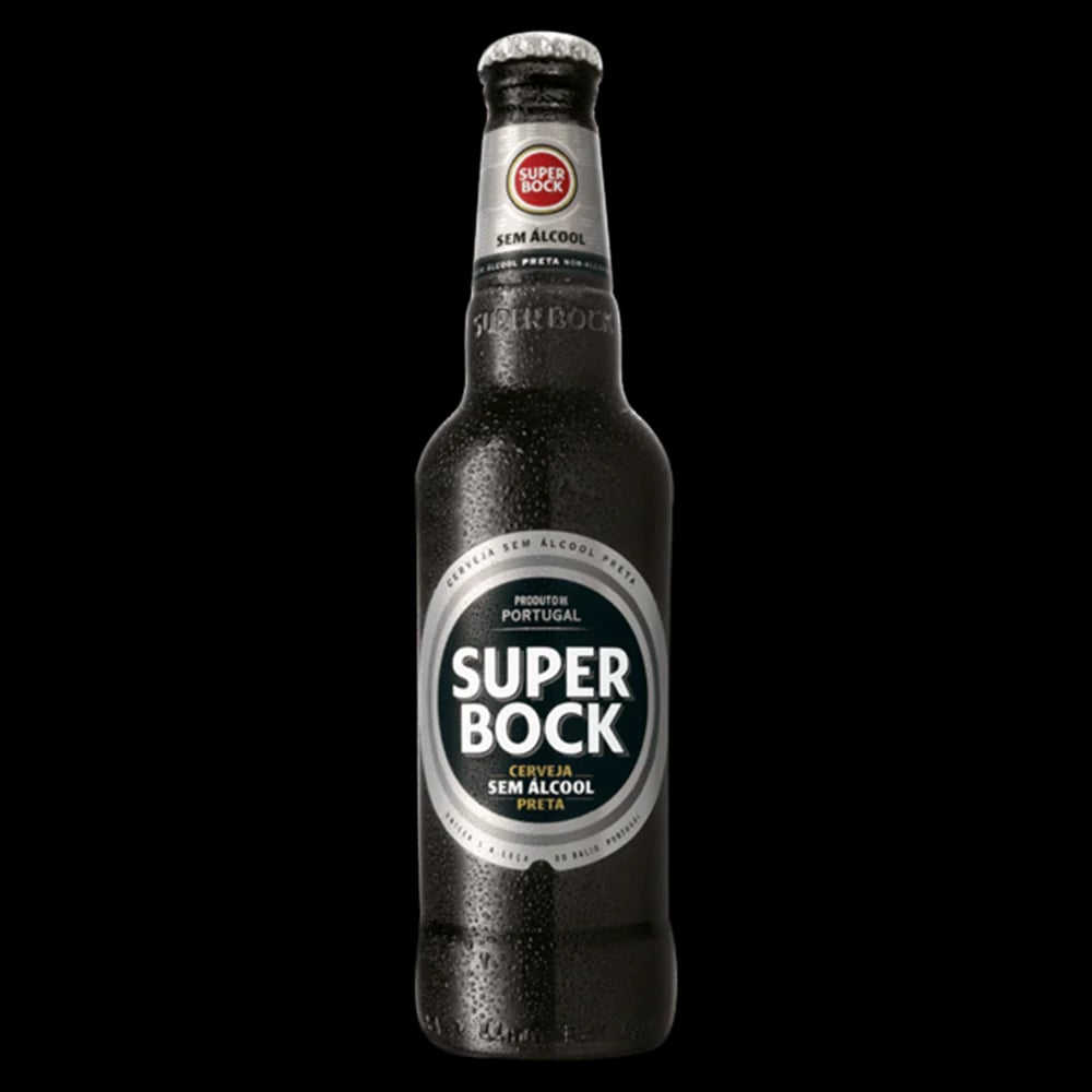 Super Bock Stout Non-Alcoholic dark beer featuring a rich and creamy head, delivering bold roasted coffee and chocolate notes