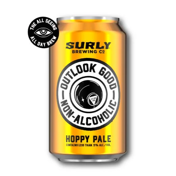 Surly Brewing Outlook Good non-alcoholic hoppy pale ale showcasing amber color with aromatic citrus and tropical hop notes, alcohol-free beer option