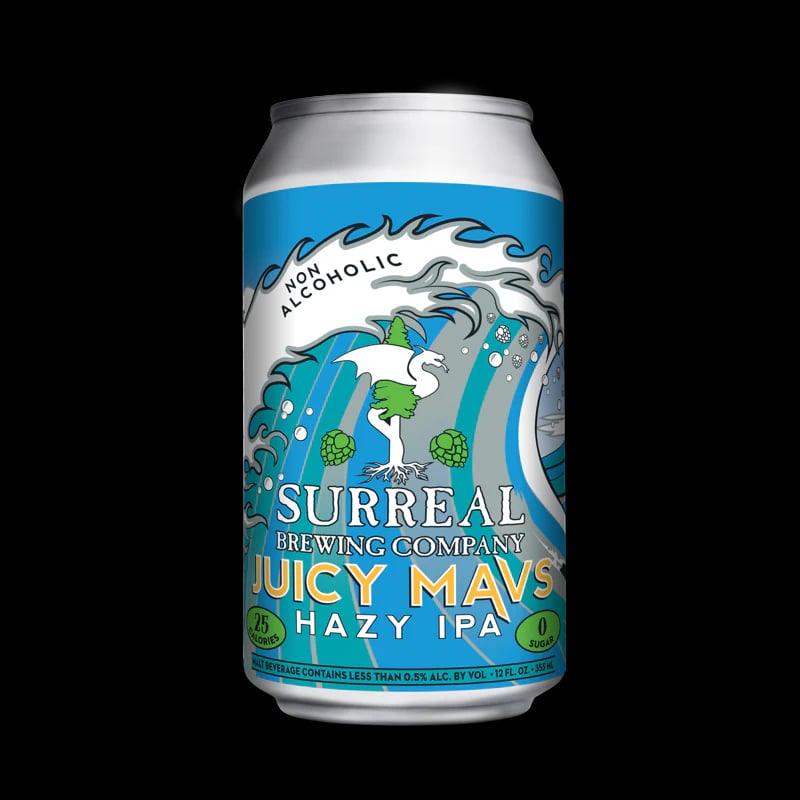 Surreal Brewing Juicy Mavs Hazy IPA non-alcoholic beer featuring tropical fruit and citrus flavors with a subtle malt finish and coastal-inspired label