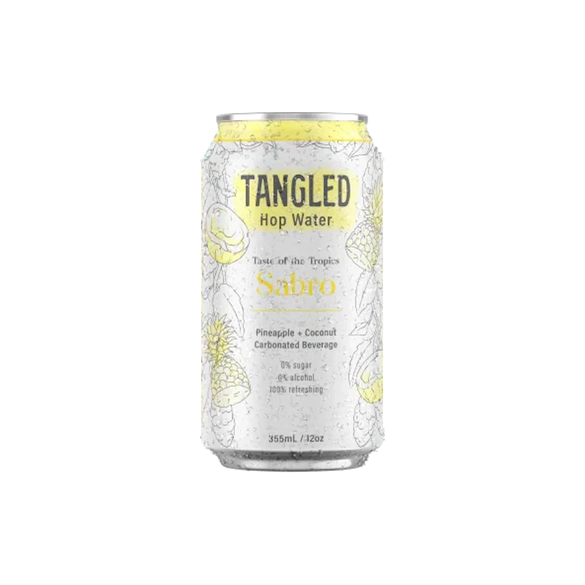 Tangled Sabro Hopwater, a refreshing, alcohol-free hop-based beverage with natural hop flavors, presented in a sleek, modern design.