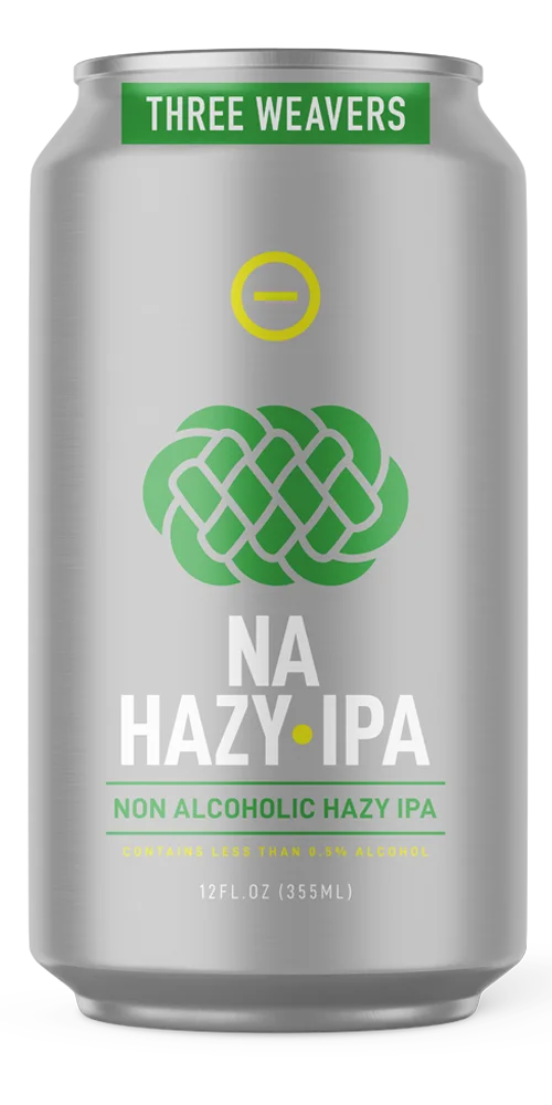 Three Weavers Non-Alcoholic Hazy IPA featuring a soft orange hue and tropical fruit-inspired hazy IPA flavors with less than 0.5% alcohol content