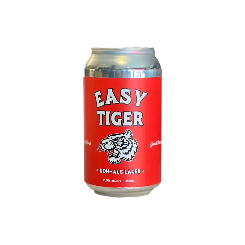 Easy Tiger non-alcoholic beer showcasing a crisp lager with toasted bread and biscuit malt flavors and subtle fruity hop character