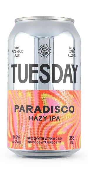 Paradisco non-alcoholic beer featuring a tropical hazy IPA style with juicy tangerine, mango, and stone fruit notes and a soft mouthfeel