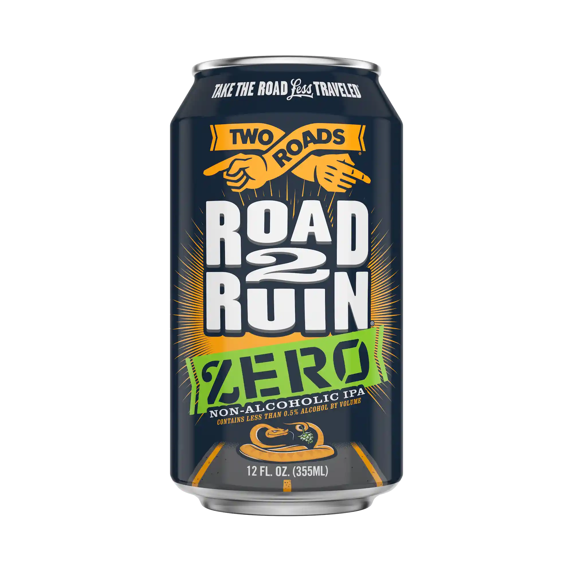 Image of Two Roads Road 2 Ruin Zero non-alcoholic beer featuring bold IPA style with citrus, pine and floral hop flavors and under 0.5% alcohol