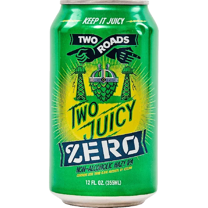 Two Roads Brewing Company's Two Juicy IPA, a non-alcoholic beer featuring vibrant tropical and citrus hop aromas