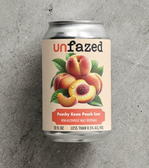 Unfazed Peachy Keen Peach Sour alcohol-free beer featuring vibrant tart and sweet peach flavors in a refreshing sour style