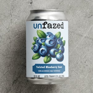 Unfazed Twisted Blueberry Sour non-alcoholic beer featuring a vibrant blueberry sour taste with bold, real blueberry notes and crisp finish