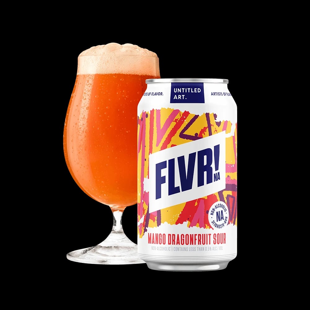 Untitled Art FLVR! Mango Dragonfruit Sour alcohol-free beer featuring tropical mango, guava, and dragonfruit flavors in vibrant artwork