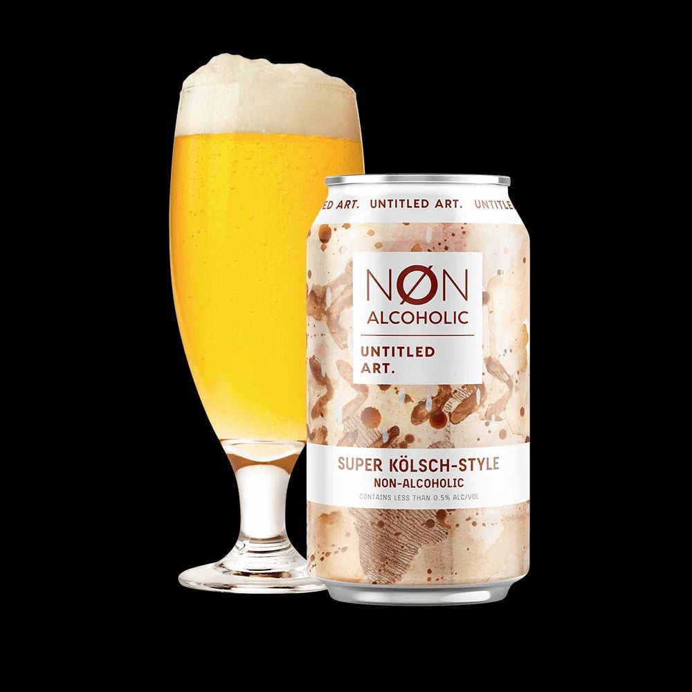 Untitled Art Super Kolsch non-alcoholic beer with a light malt profile and gentle floral hop bitterness against a plain background