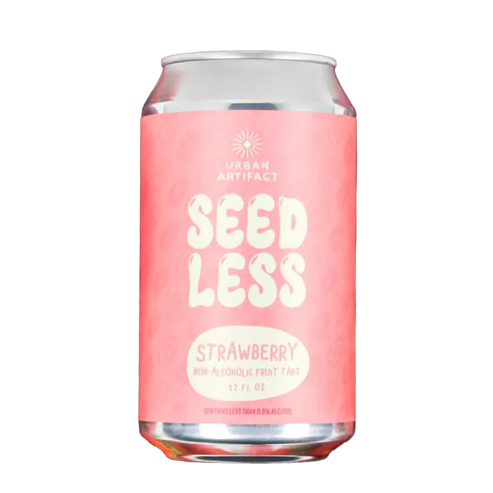 Urban Artifact Seedless Strawberry non-alcoholic beer, a fruit-infused sour beer with a vibrant strawberry flavor.