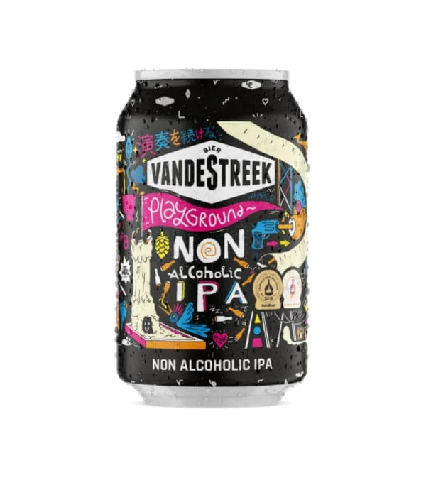 VandeStreek Playground IPA non-alcoholic beer featuring rich peach and citrus fruit flavors with a rounded bitter mouthfeel