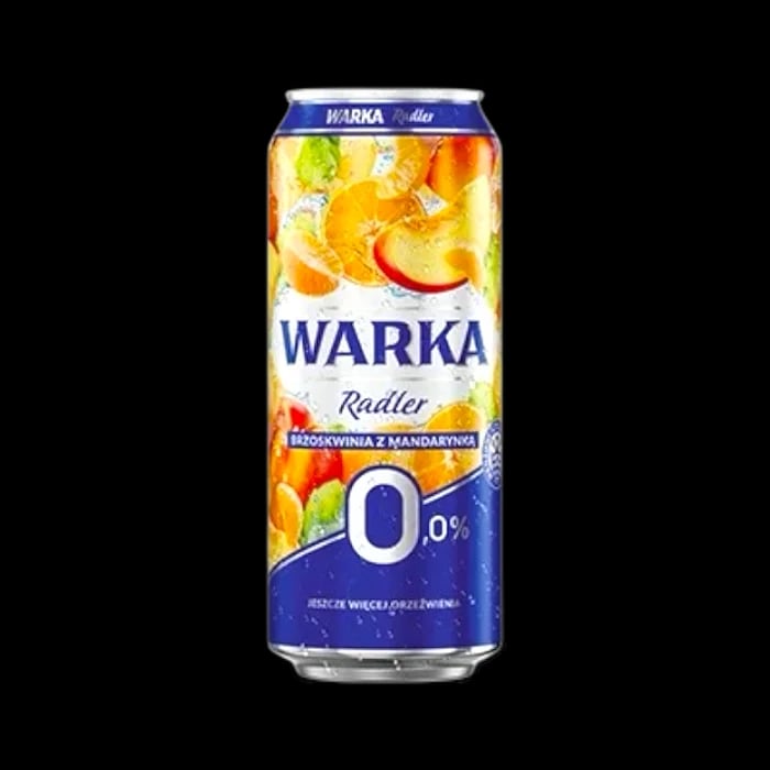 Warka Radler 0.0% Peach with Mandarin alcohol-free beer featuring fruity peach and mandarin notes with lemonade flavor