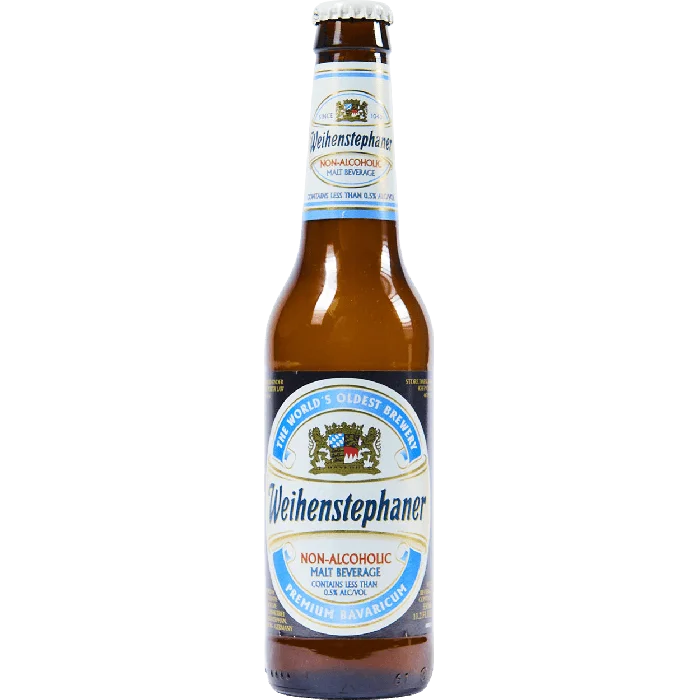 Weihenstephaner Hefeweissbier Non-Alcoholic wheat beer with golden-yellow color and fine yeasty spiciness, crafted using traditional brewing methods