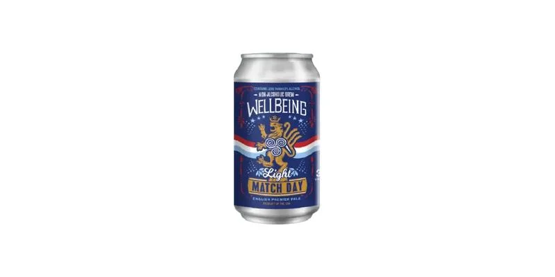 WellBeing Brewing Match Day Light non-alcoholic pale ale with balanced malt character and crisp finish against plain background