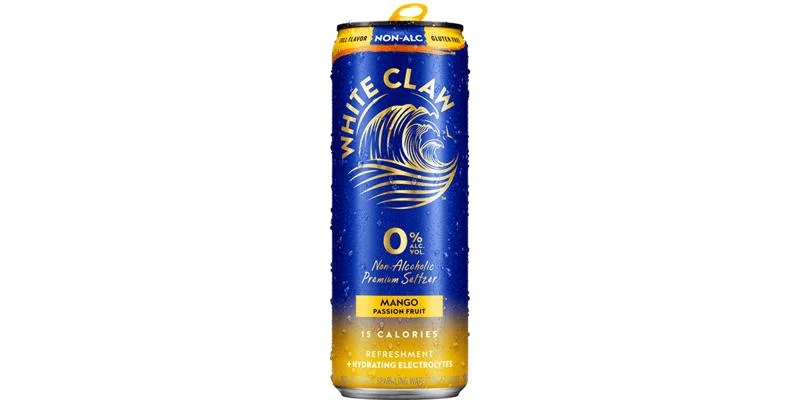 White Claw Mango Passionfruit Zero Proof, a refreshing drink featuring natural mango and passion fruit flavors.