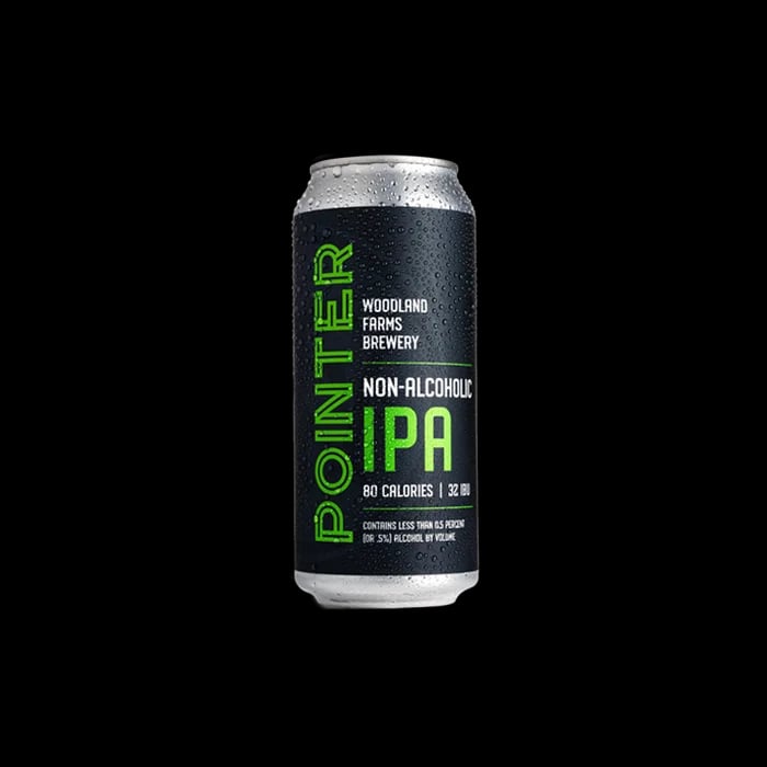 Pointer IPA non-alcoholic beer from Woodland Farms Brewery featuring a hazy, juicy IPA style with Amarillo, Cascade, Mosaic, and Galaxy hops