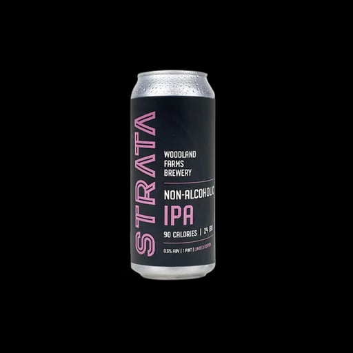 Woodland Farms Brewery Strata non-alcoholic IPA showcasing juicy tropical hop flavors in a hazy, zero alcohol beer style